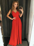 A Line V Neck Backless Red Satin Pleats Prom Dress LBQ0270